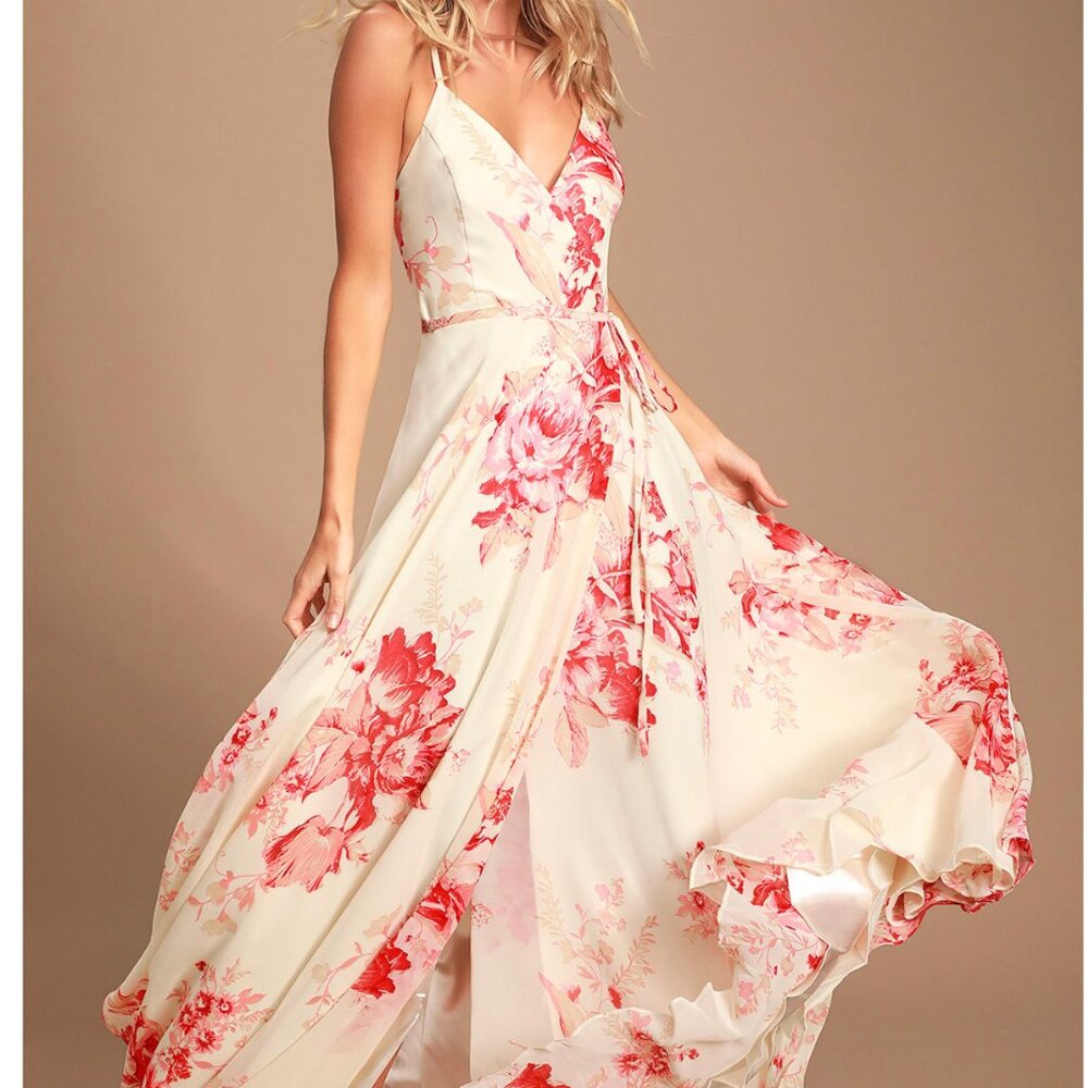 Lulu's Cream Maxi Dress with Pink Floral Print